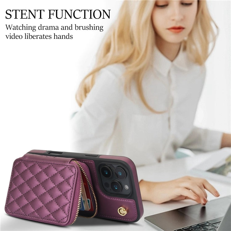 For iPhone 16 Pro AwQuer Crossbody Zipper Wallet Rhombic Leather Back Phone Case(Dark Purple)