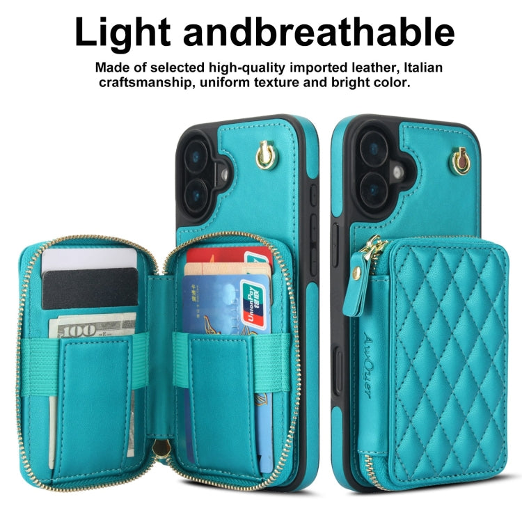 For iPhone 16 AwQuer Crossbody Zipper Wallet Rhombic Leather Back Phone Case(Green)