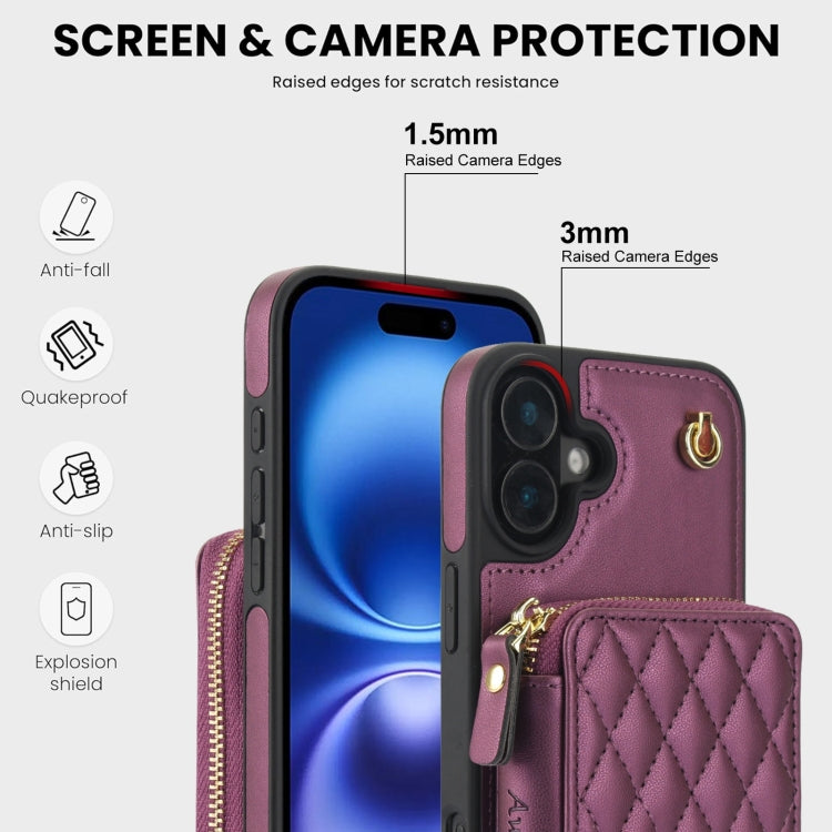 For iPhone 16 AwQuer Crossbody Zipper Wallet Rhombic Leather Back Phone Case(Dark Purple)