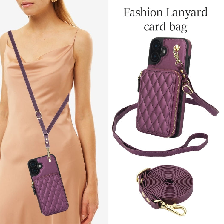 For iPhone 16 AwQuer Crossbody Zipper Wallet Rhombic Leather Back Phone Case(Dark Purple)