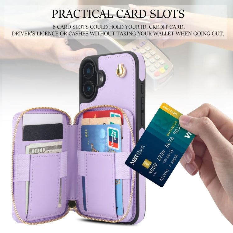 For iPhone 16 AwQuer Crossbody Zipper Wallet Rhombic Leather Back Phone Case(Purple)