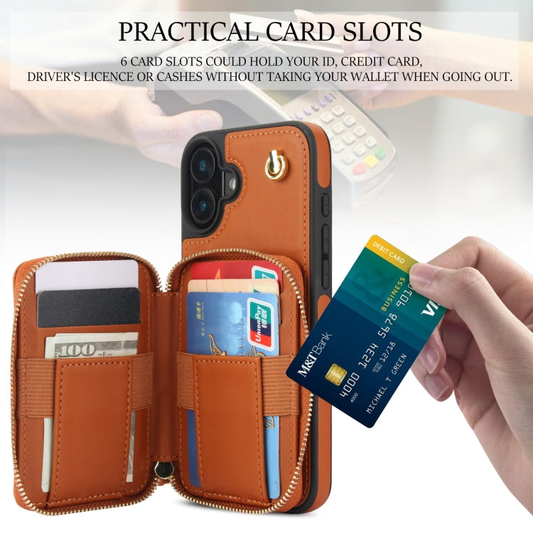 For iPhone 16 AwQuer Crossbody Zipper Wallet Rhombic Leather Back Phone Case(Brown)