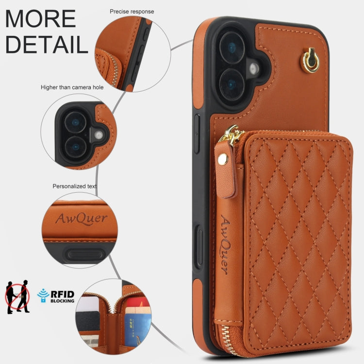 For iPhone 16 AwQuer Crossbody Zipper Wallet Rhombic Leather Back Phone Case(Brown)