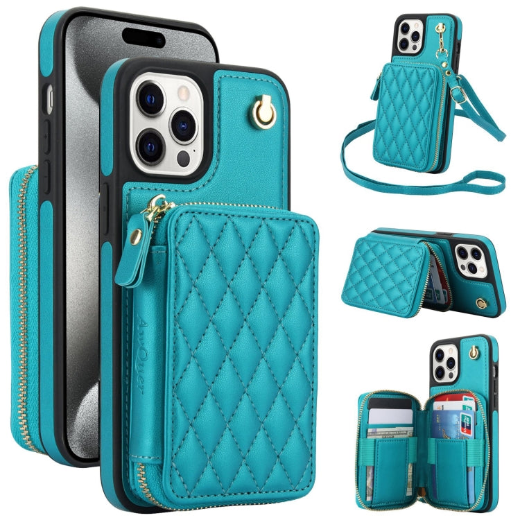 For iPhone 15 Pro Max AwQuer Crossbody Zipper Wallet Rhombic Leather Back Phone Case(Green)