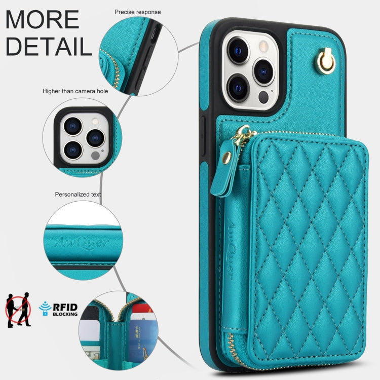 For iPhone 15 Pro Max AwQuer Crossbody Zipper Wallet Rhombic Leather Back Phone Case(Green)