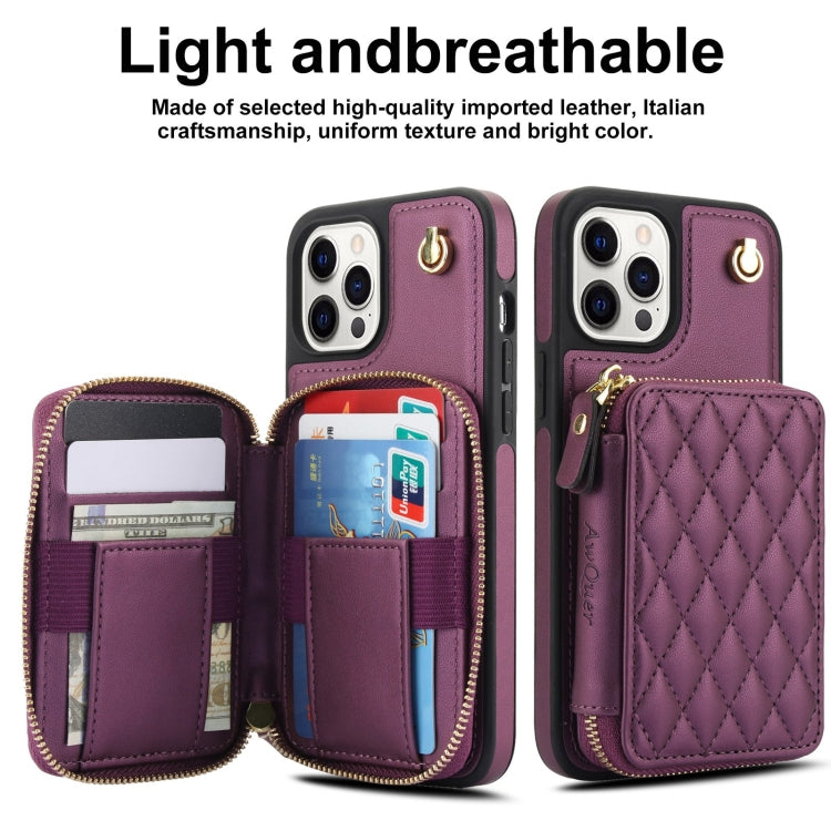 For iPhone 15 Pro Max AwQuer Crossbody Zipper Wallet Rhombic Leather Back Phone Case(Dark Purple)