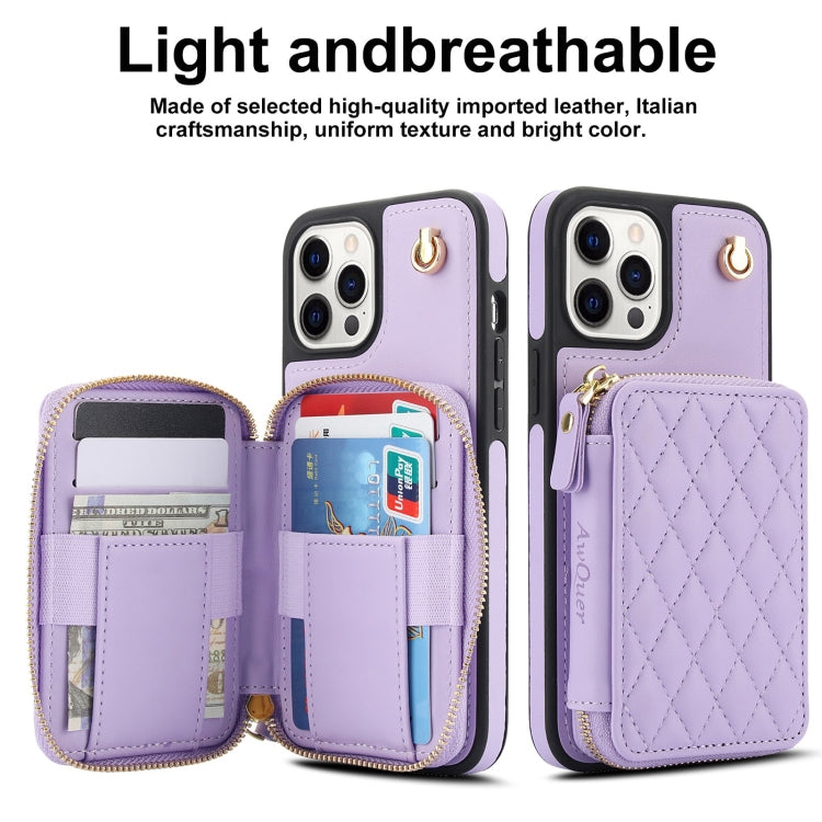 For iPhone 15 Pro Max AwQuer Crossbody Zipper Wallet Rhombic Leather Back Phone Case(Purple)