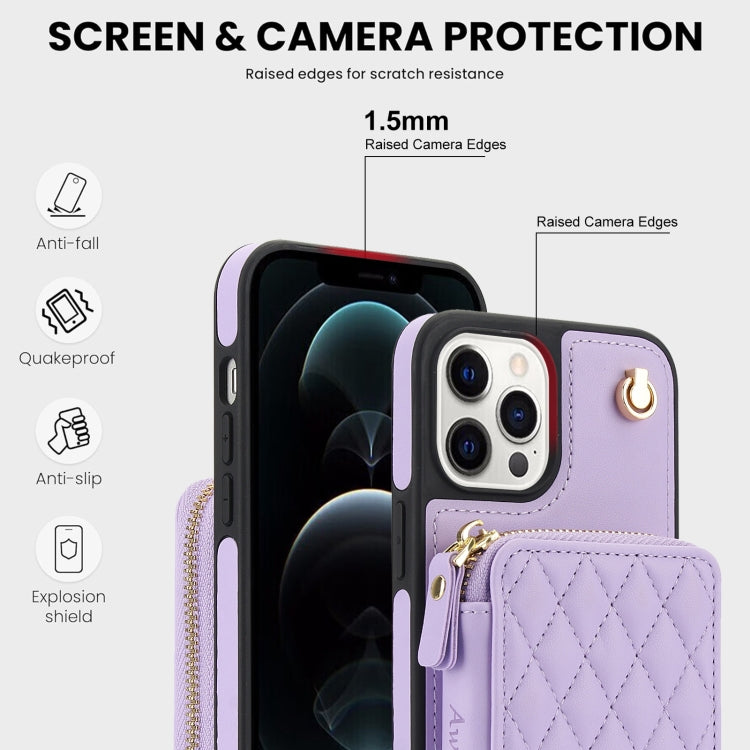 For iPhone 15 Pro Max AwQuer Crossbody Zipper Wallet Rhombic Leather Back Phone Case(Purple)