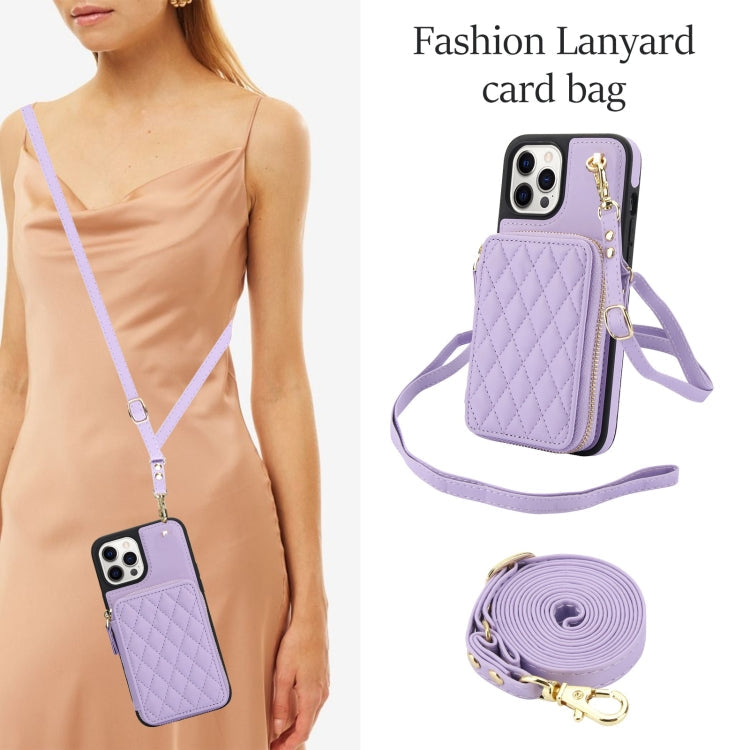 For iPhone 15 Pro Max AwQuer Crossbody Zipper Wallet Rhombic Leather Back Phone Case(Purple)