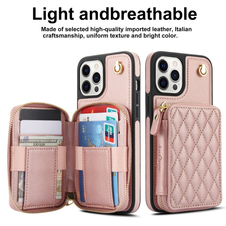 For iPhone 15 Pro AwQuer Crossbody Zipper Wallet Rhombic Leather Back Phone Case(Rose Gold)