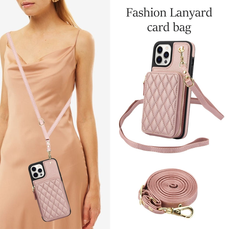 For iPhone 15 Pro AwQuer Crossbody Zipper Wallet Rhombic Leather Back Phone Case(Rose Gold)