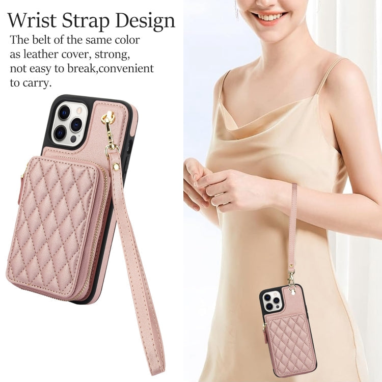 For iPhone 15 Pro AwQuer Crossbody Zipper Wallet Rhombic Leather Back Phone Case(Rose Gold)