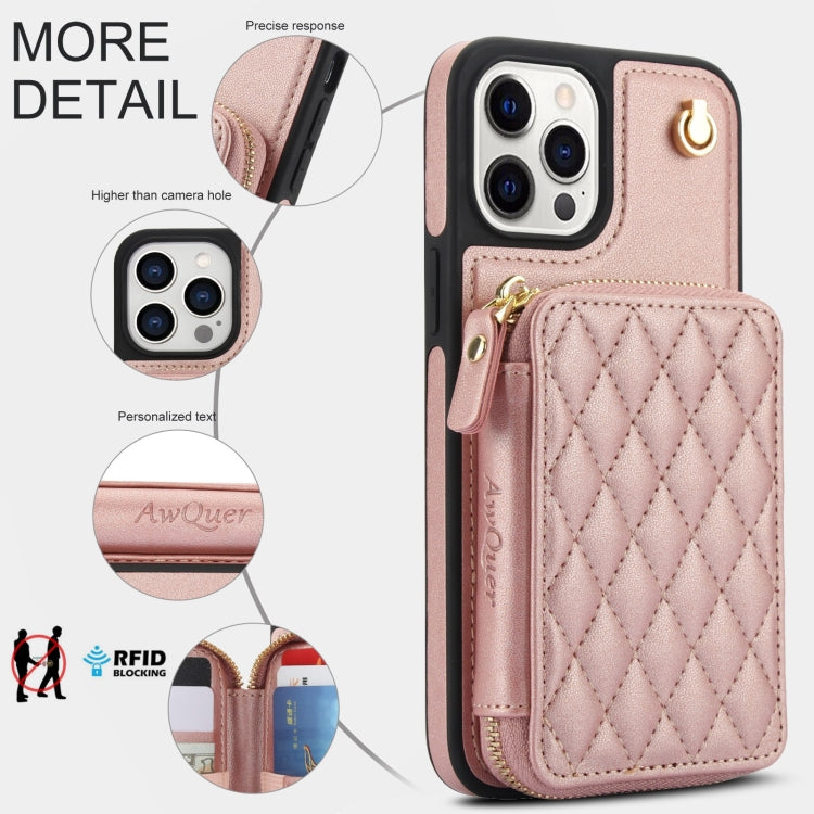 For iPhone 15 Pro AwQuer Crossbody Zipper Wallet Rhombic Leather Back Phone Case(Rose Gold)