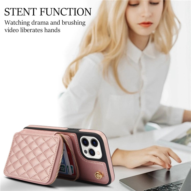 For iPhone 15 Pro AwQuer Crossbody Zipper Wallet Rhombic Leather Back Phone Case(Rose Gold)