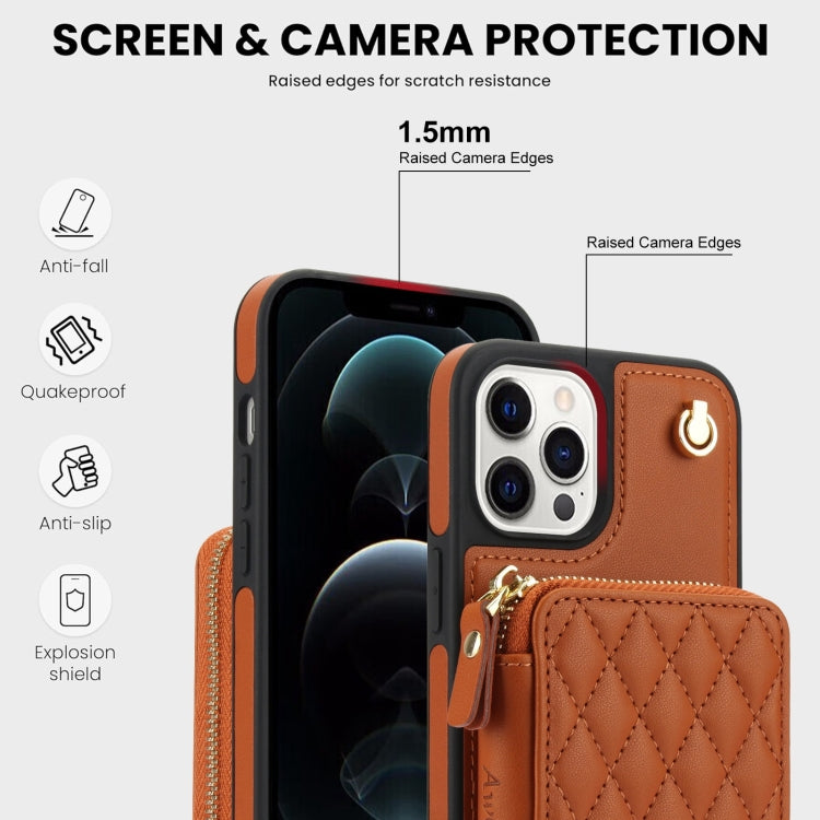 For iPhone 15 Pro AwQuer Crossbody Zipper Wallet Rhombic Leather Back Phone Case(Brown)
