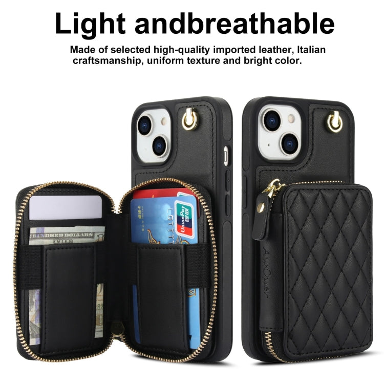 For iPhone 15 Plus AwQuer Crossbody Zipper Wallet Rhombic Leather Back Phone Case(Black)