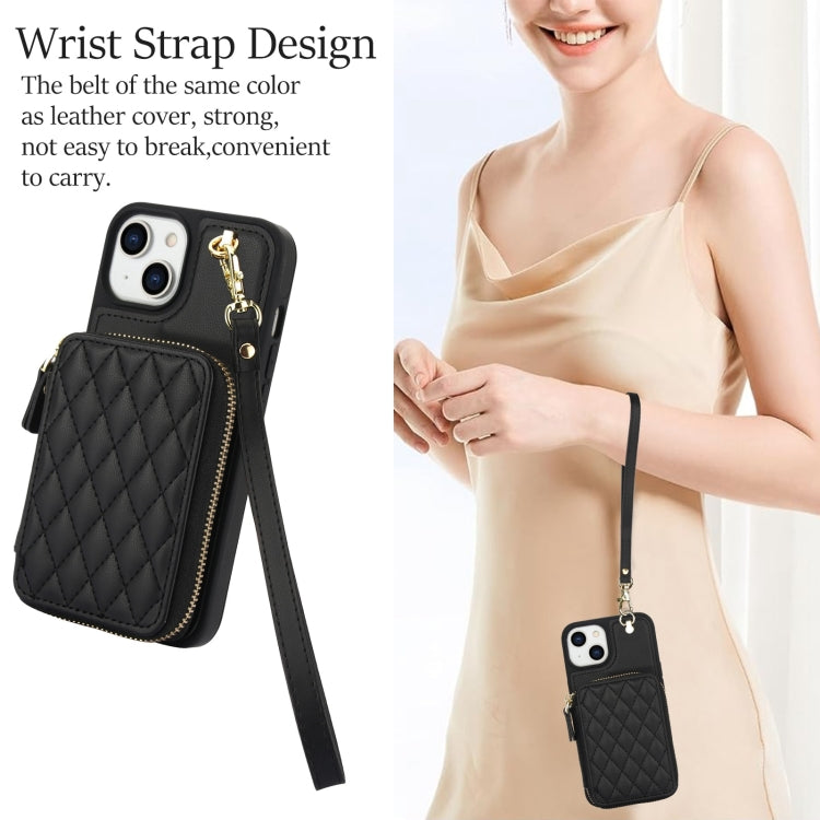 For iPhone 15 Plus AwQuer Crossbody Zipper Wallet Rhombic Leather Back Phone Case(Black)