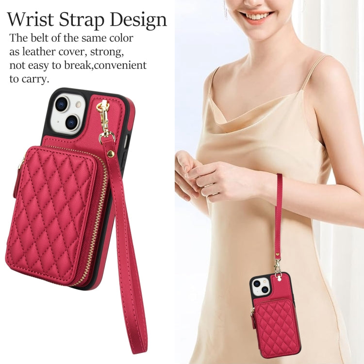 For iPhone 15 Plus AwQuer Crossbody Zipper Wallet Rhombic Leather Back Phone Case(Red)
