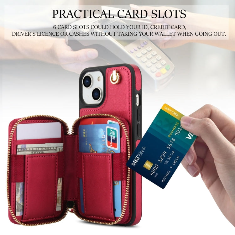 For iPhone 15 Plus AwQuer Crossbody Zipper Wallet Rhombic Leather Back Phone Case(Red)