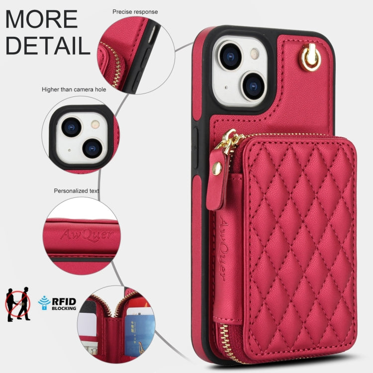 For iPhone 15 Plus AwQuer Crossbody Zipper Wallet Rhombic Leather Back Phone Case(Red)