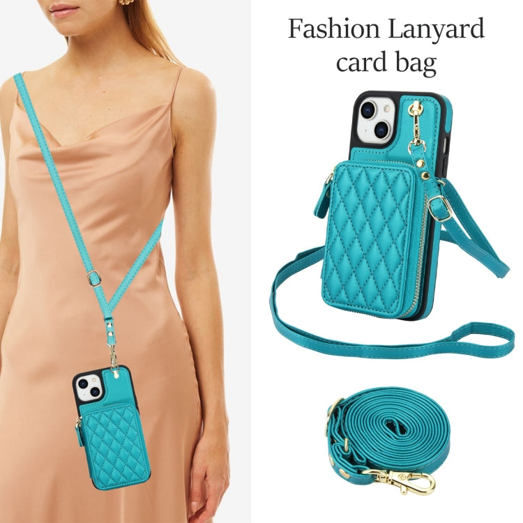 For iPhone 15 Plus AwQuer Crossbody Zipper Wallet Rhombic Leather Back Phone Case(Green)