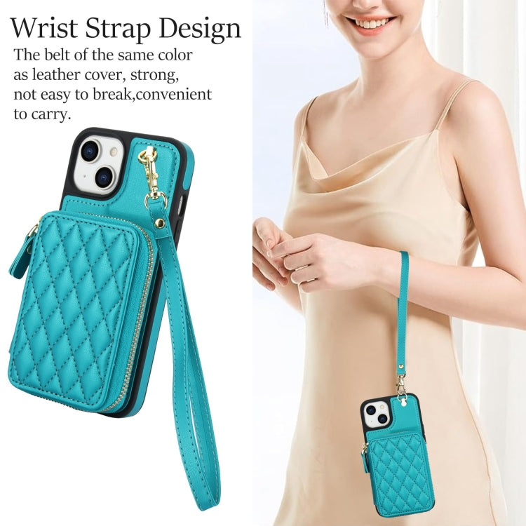 For iPhone 15 Plus AwQuer Crossbody Zipper Wallet Rhombic Leather Back Phone Case(Green)