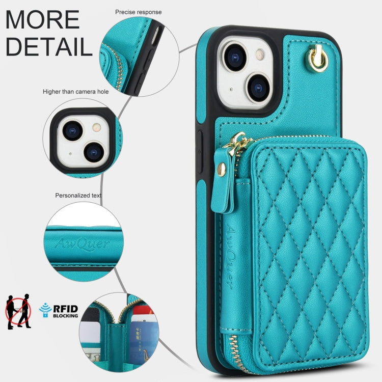For iPhone 15 Plus AwQuer Crossbody Zipper Wallet Rhombic Leather Back Phone Case(Green)