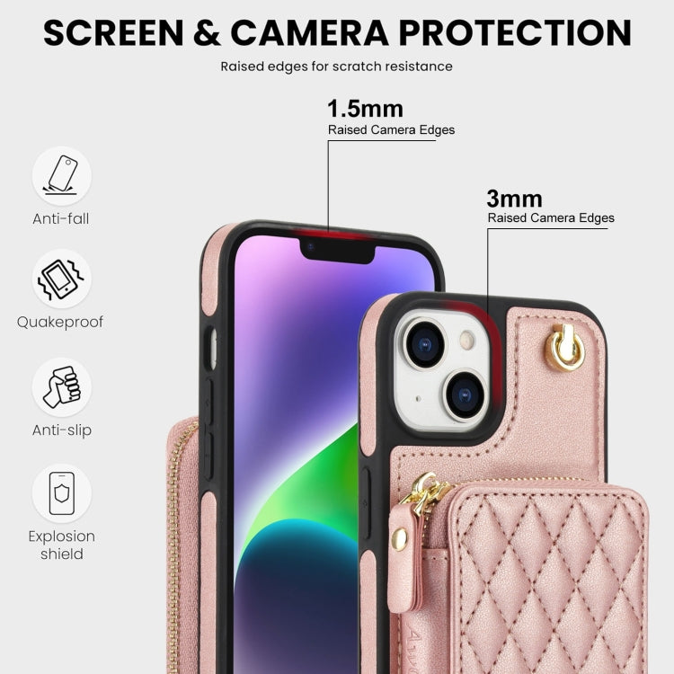 For iPhone 15 Plus AwQuer Crossbody Zipper Wallet Rhombic Leather Back Phone Case(Rose Gold)