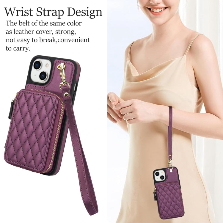 For iPhone 15 Plus AwQuer Crossbody Zipper Wallet Rhombic Leather Back Phone Case(Dark Purple)