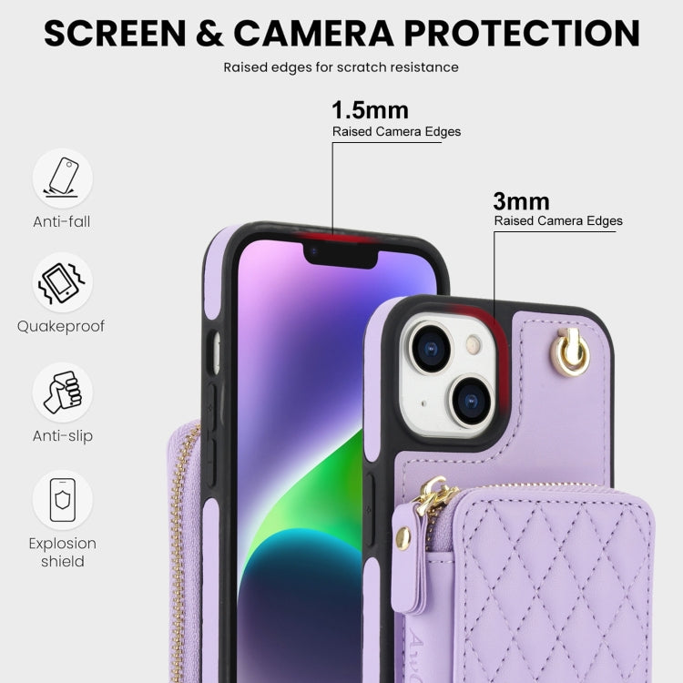 For iPhone 15 Plus AwQuer Crossbody Zipper Wallet Rhombic Leather Back Phone Case(Purple)