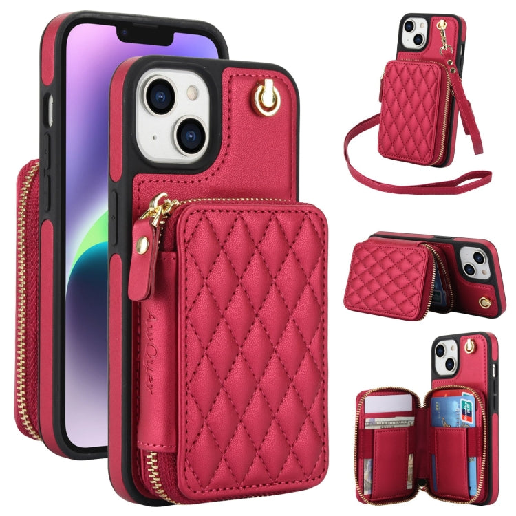 For iPhone 15 AwQuer Crossbody Zipper Wallet Rhombic Leather Back Phone Case(Red)