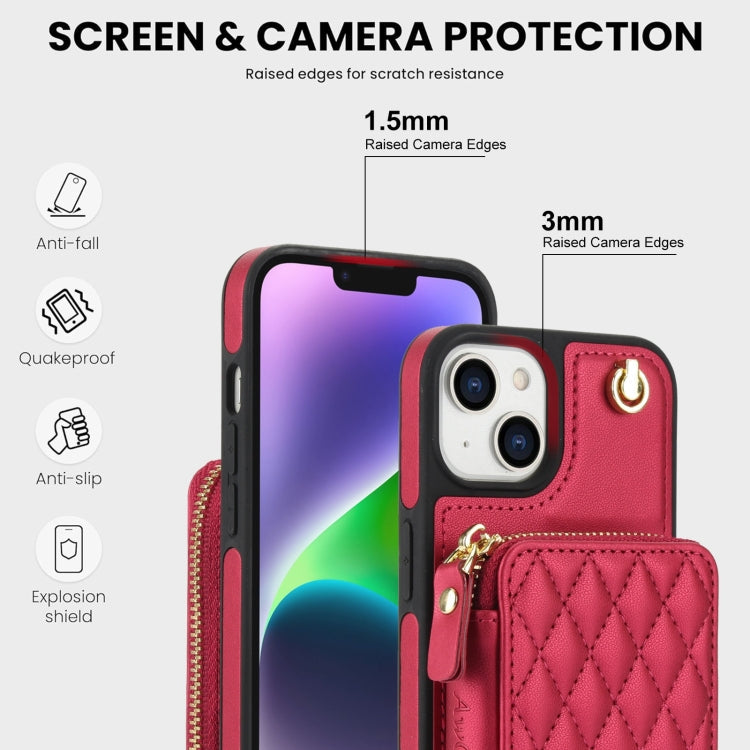 For iPhone 15 AwQuer Crossbody Zipper Wallet Rhombic Leather Back Phone Case(Red)