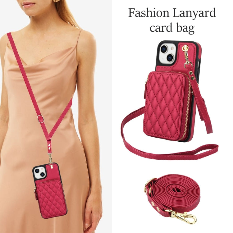 For iPhone 15 AwQuer Crossbody Zipper Wallet Rhombic Leather Back Phone Case(Red)
