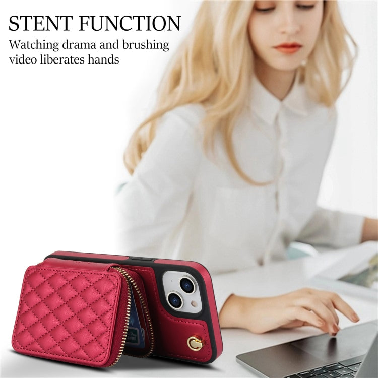 For iPhone 15 AwQuer Crossbody Zipper Wallet Rhombic Leather Back Phone Case(Red)