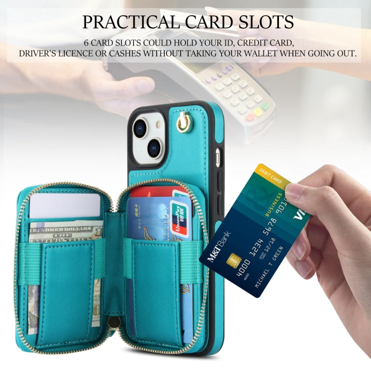 For iPhone 15 AwQuer Crossbody Zipper Wallet Rhombic Leather Back Phone Case(Green)