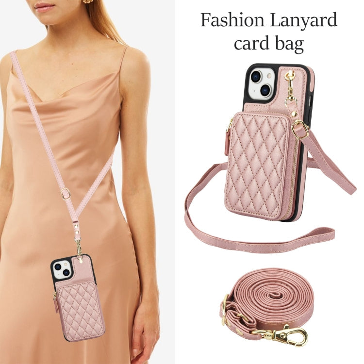 For iPhone 15 AwQuer Crossbody Zipper Wallet Rhombic Leather Back Phone Case(Rose Gold)