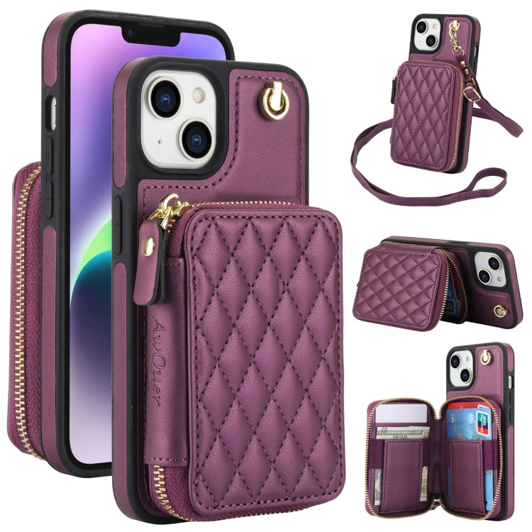 For iPhone 15 AwQuer Crossbody Zipper Wallet Rhombic Leather Back Phone Case(Dark Purple)