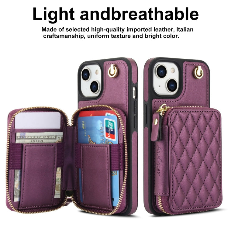For iPhone 15 AwQuer Crossbody Zipper Wallet Rhombic Leather Back Phone Case(Dark Purple)