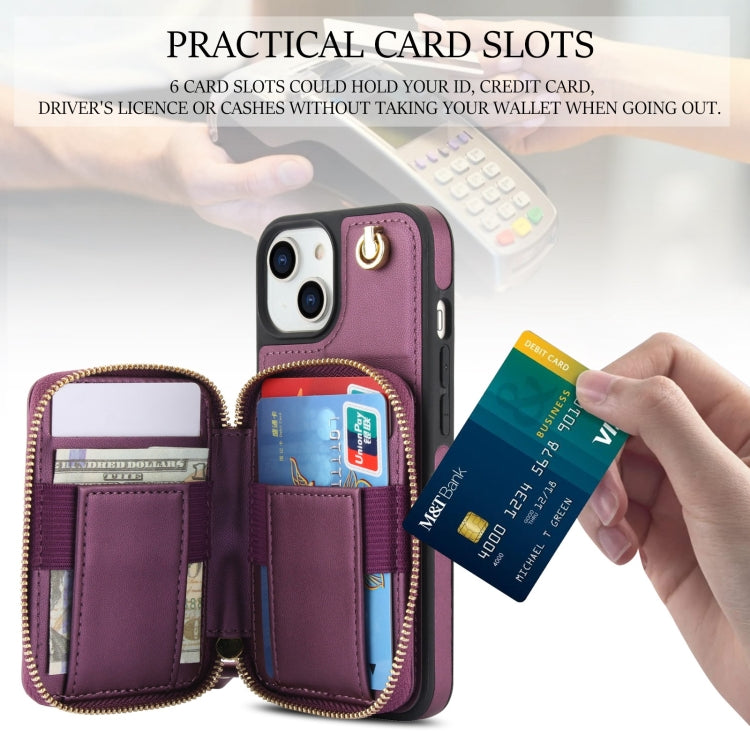 For iPhone 15 AwQuer Crossbody Zipper Wallet Rhombic Leather Back Phone Case(Dark Purple)
