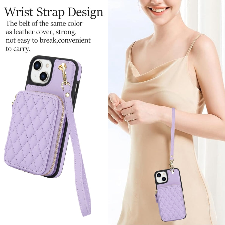 For iPhone 15 AwQuer Crossbody Zipper Wallet Rhombic Leather Back Phone Case(Purple)