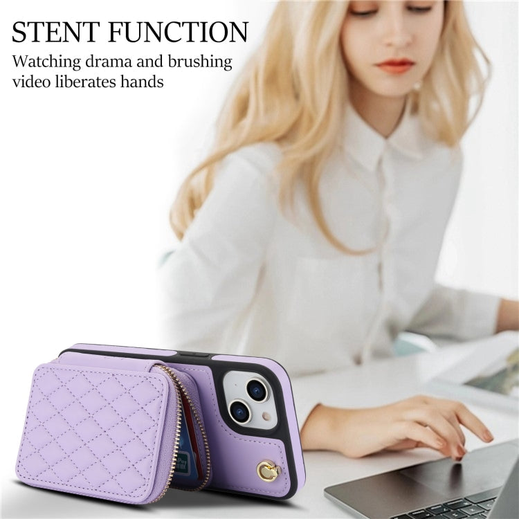 For iPhone 15 AwQuer Crossbody Zipper Wallet Rhombic Leather Back Phone Case(Purple)