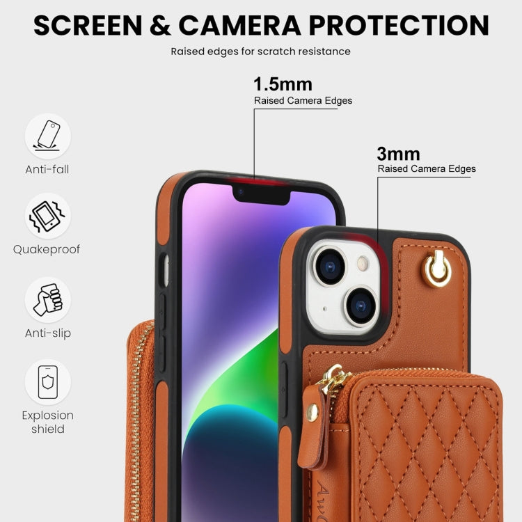 For iPhone 15 AwQuer Crossbody Zipper Wallet Rhombic Leather Back Phone Case(Brown)