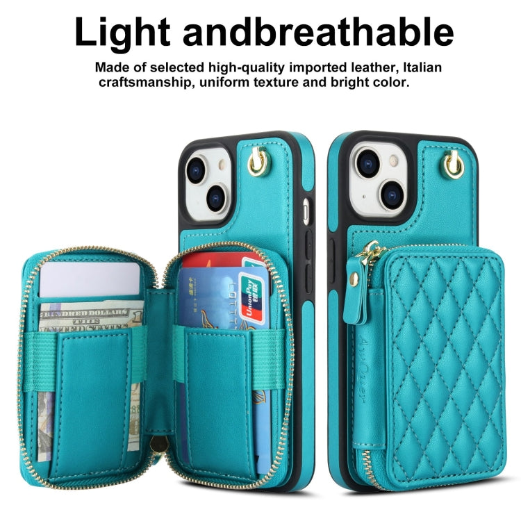 For iPhone 14 Plus AwQuer Crossbody Zipper Wallet Rhombic Leather Back Phone Case(Green)