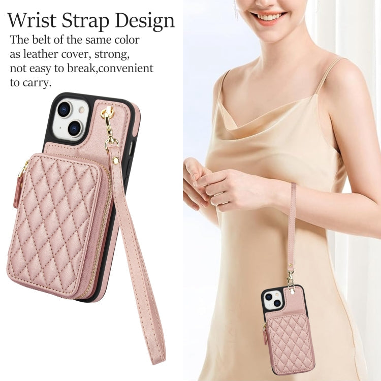 For iPhone 14 Plus AwQuer Crossbody Zipper Wallet Rhombic Leather Back Phone Case(Rose Gold)