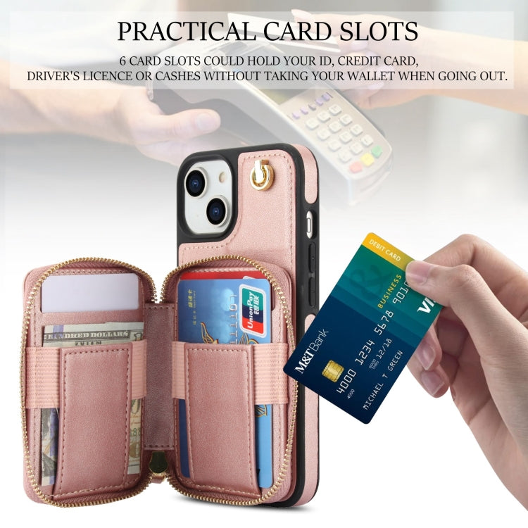 For iPhone 14 Plus AwQuer Crossbody Zipper Wallet Rhombic Leather Back Phone Case(Rose Gold)