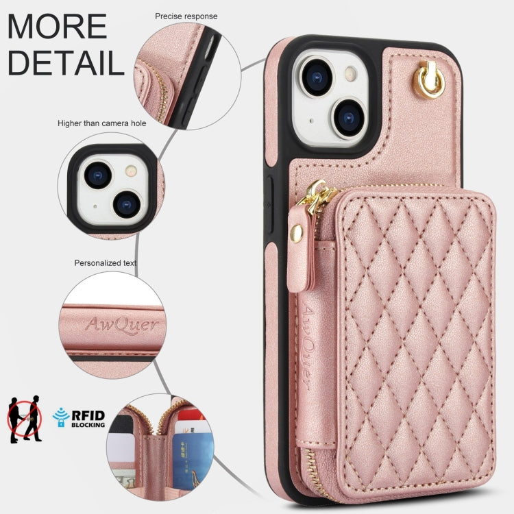 For iPhone 14 Plus AwQuer Crossbody Zipper Wallet Rhombic Leather Back Phone Case(Rose Gold)