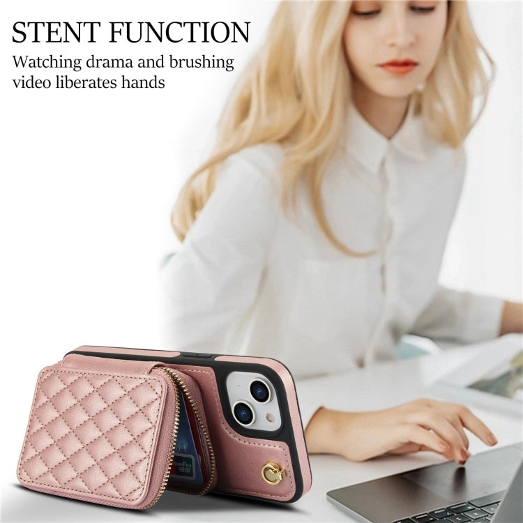 For iPhone 14 Plus AwQuer Crossbody Zipper Wallet Rhombic Leather Back Phone Case(Rose Gold)
