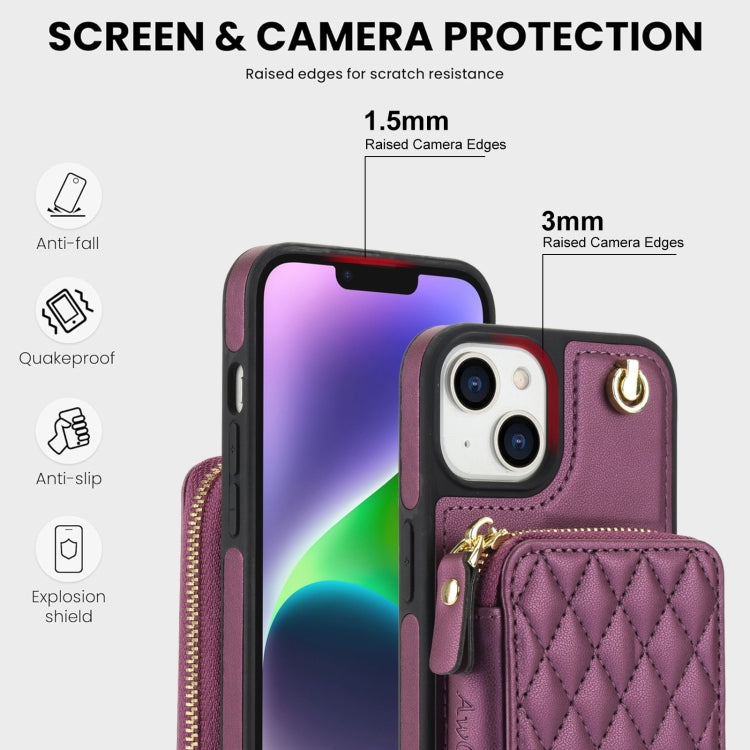 For iPhone 14 Plus AwQuer Crossbody Zipper Wallet Rhombic Leather Back Phone Case(Dark Purple)