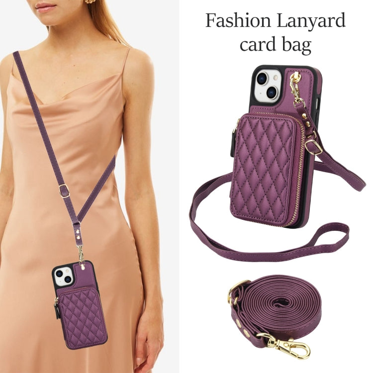 For iPhone 14 Plus AwQuer Crossbody Zipper Wallet Rhombic Leather Back Phone Case(Dark Purple)