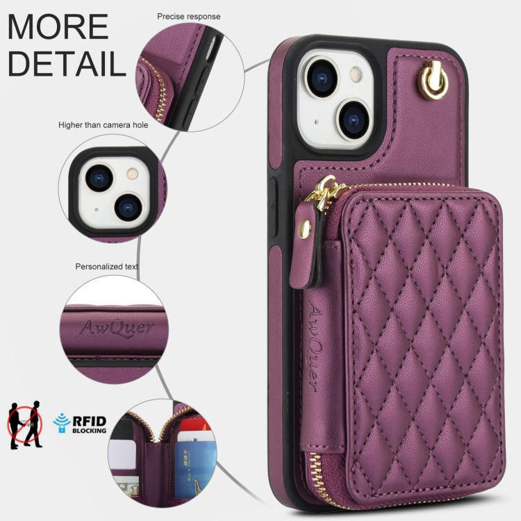 For iPhone 14 Plus AwQuer Crossbody Zipper Wallet Rhombic Leather Back Phone Case(Dark Purple)